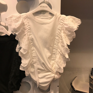 2018 mùa hè mới màu rắn tính khí vòng cổ khâu ren lá sen tay áo hoang dã t- shirt nữ thường mỏng áo sơ mi