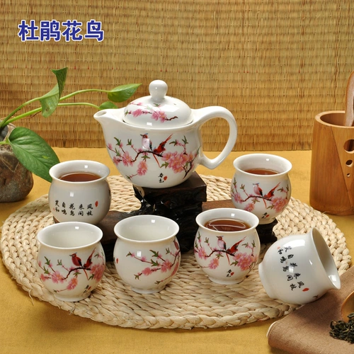 Чайный сервиз, комплект, глина, заварочный чайник, сине-белая двухэтажная чашка