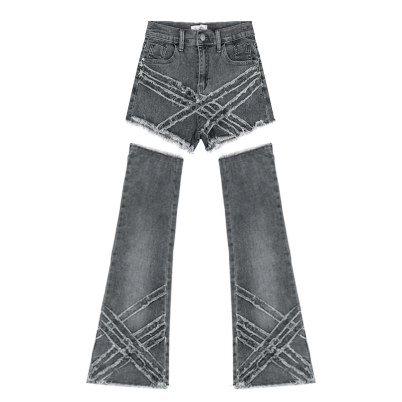 Grey fringed fringed jeans, women's summer straight-leg high-waisted slimming slightly flared pants, long pants detachable shorts Item Picture