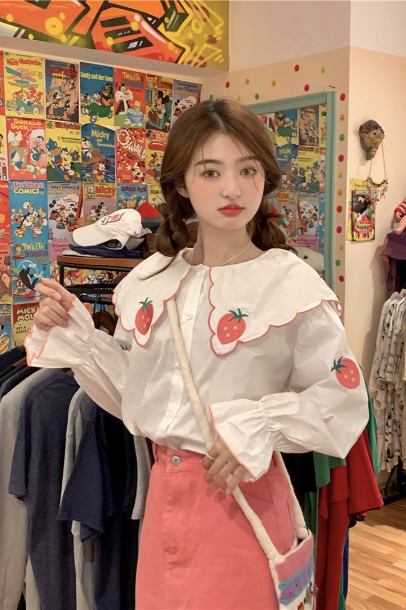 Large Size Sweet Cute Strawberry Doll Collar Shirt Top Women's Autumn New Korean Style Loose White Long Sleeve Top