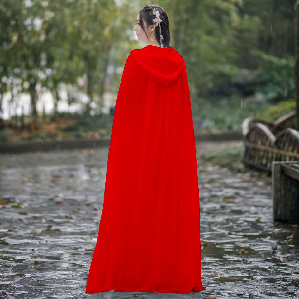 Hanfu Cloak Red Cloak Thin Outer Cloak Women's Long Desert Travel Photograph Shawl Hooded Ancient Chiffon