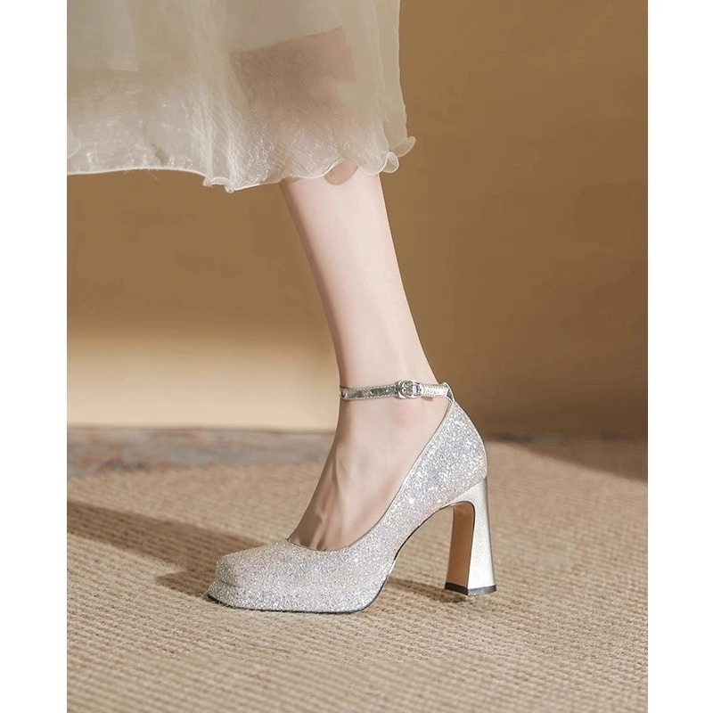 French Style Little Mary Jane Wedding Shoes Bridal Shoes Women's Thick Heel Waterproof Platform Thick Bottom Wedding Dress Artifact Crystal High Heels