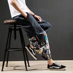 Cropped pants men's autumn cotton hemp Harun Pants Plus fat plus size loose 8 cropped pants trend hiphop pants men