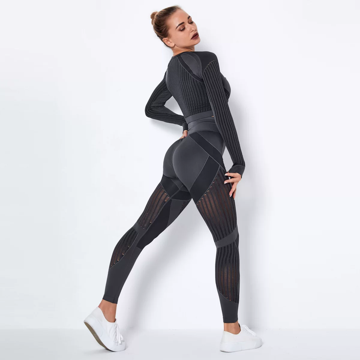 Женские бесшовные спортивные комплекты с высокой талией, сетчатые leggins и футболки