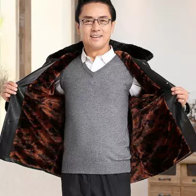 Áo khoác da nam trung niên và cao tuổi cộng với áo khoác da nhung dày trung niên 2019 áo khoác mới cho cha mùa đông - Quần áo lông thú
