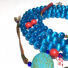 Украшения на шею 古玩古董天然浅蓝色猫眼石朝珠东珠清代宫廷佛珠手串108项链复古