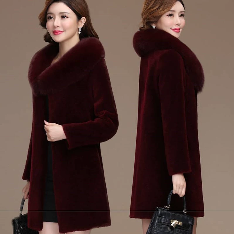 Áo khoác lông thú 2019 Mẹ xén lông cừu Granule Lông cừu Faux Lamb Wool Kích thước lớn Dày Nữ giữa chiều dài - Faux Fur
