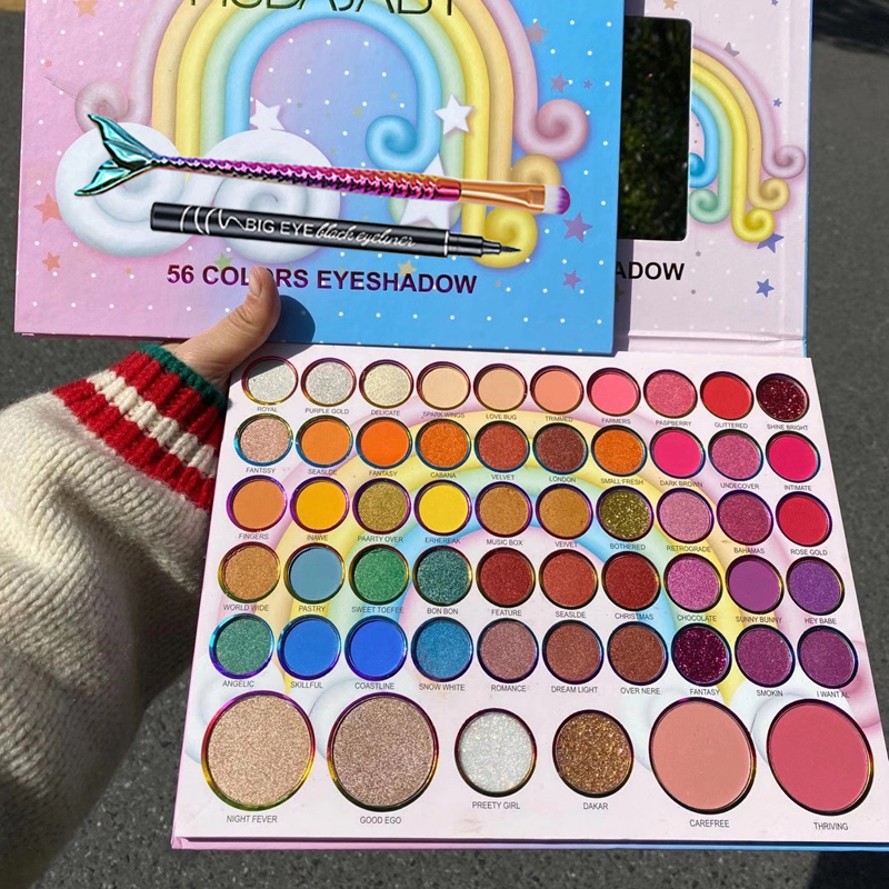Rainbow 56 Color Disc (Fishtail Brush + Eyeliner)Bright color Eyeshadow Compact full set No halo pearl light Flash powder Blush modify one's face through surgery one 56 Eye shadow stage makeup student female