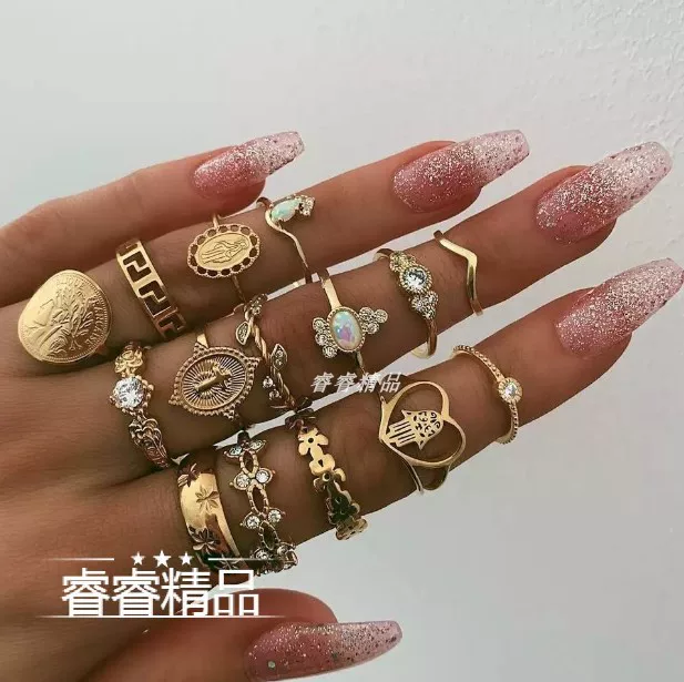 Ring set 15 pcs, vintage women's gold-tone joint/stackable rings, mixed styles