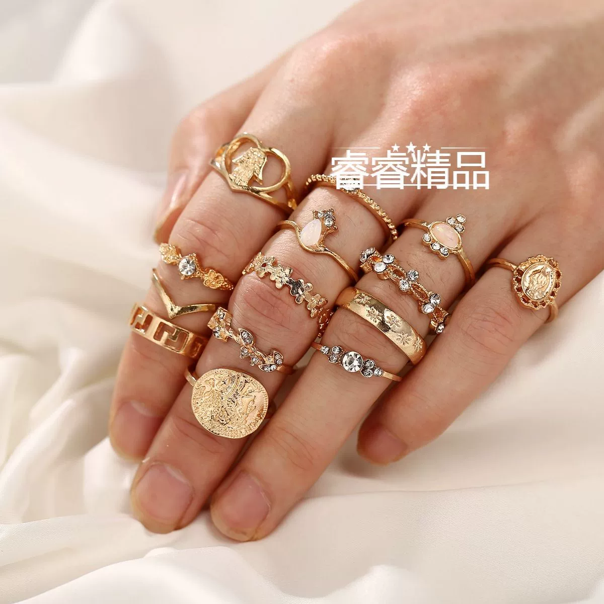 Ring set 15 pcs, vintage women's gold-tone joint/stackable rings, mixed styles