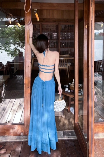 Летний жилет без рукавов, синий сексуальный ремень, весенняя длинная юбка, платье, европейский стиль, с открытой спиной