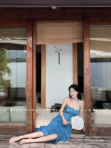 Летний жилет без рукавов, синий сексуальный ремень, весенняя длинная юбка, платье, европейский стиль, с открытой спиной