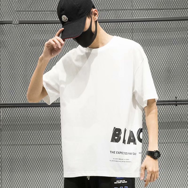 Hong Kong style short sleeve t-shirt men's fashion label loose large summer new Korean men's fashion men's five point sleeve