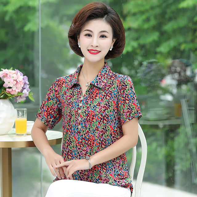 妈妈装夏短袖t恤女翻领衬衫大码