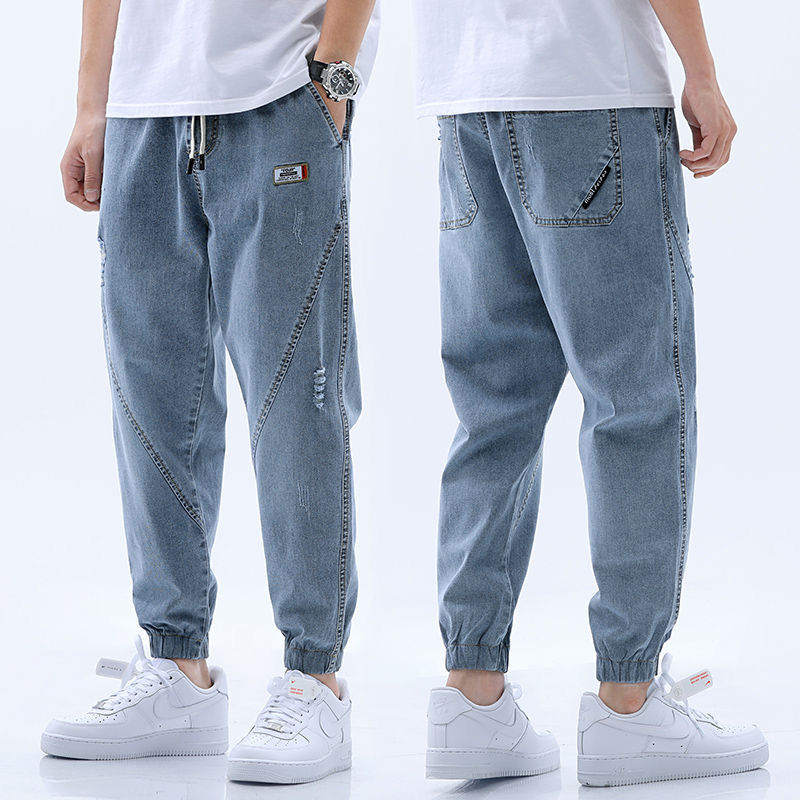 Autumn and winter jeans men's loose oversized Capris Leggings casual pants elastic Korean trend with holes