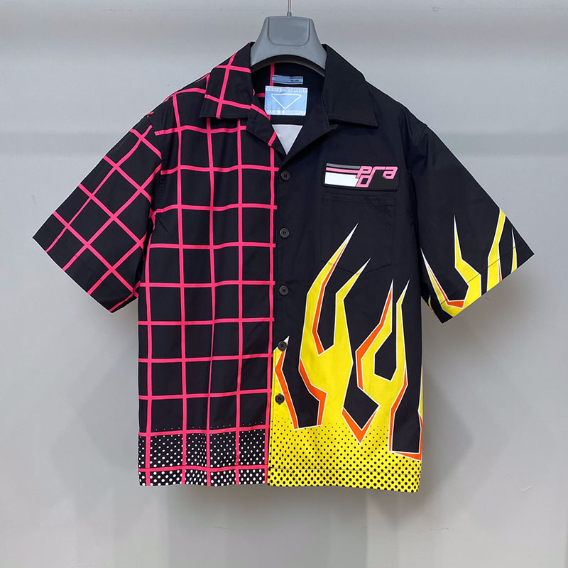 BlackPujia Chaopai new pattern easy Typography Check pattern Splicing flame square shirt Bowling Shirt Short sleeve P family shirt