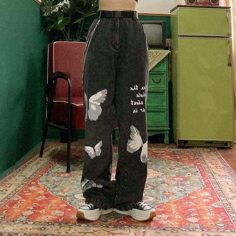 Black Print (504)BIBULU street Hip hop Retro butterfly printing easy Big size BF boyfriend Straight tube leisure time Jeans men and women tide