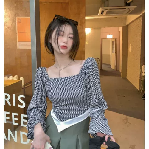 Осенняя рубашка, приталенный короткий ремень, жакет, квадратный вырез, в корейском стиле, с открытой спиной, длинный рукав