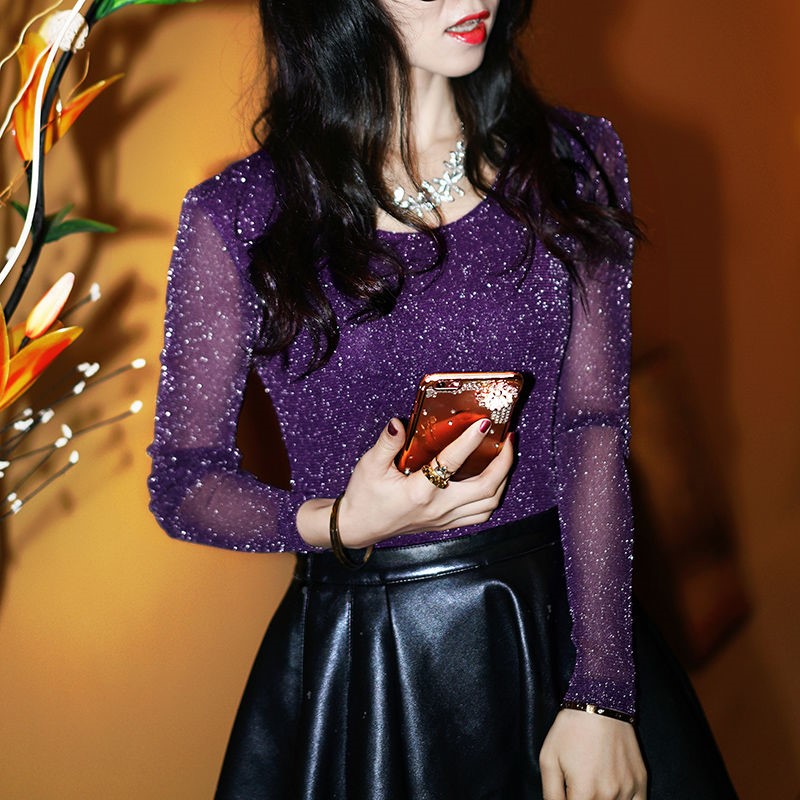 Silver Purple [Thin]2021 Spring  new pattern Crew neck Plush Lace female Long sleeve Versatile Self cultivation Big size thickening T-shirt Bottom up Small shirt