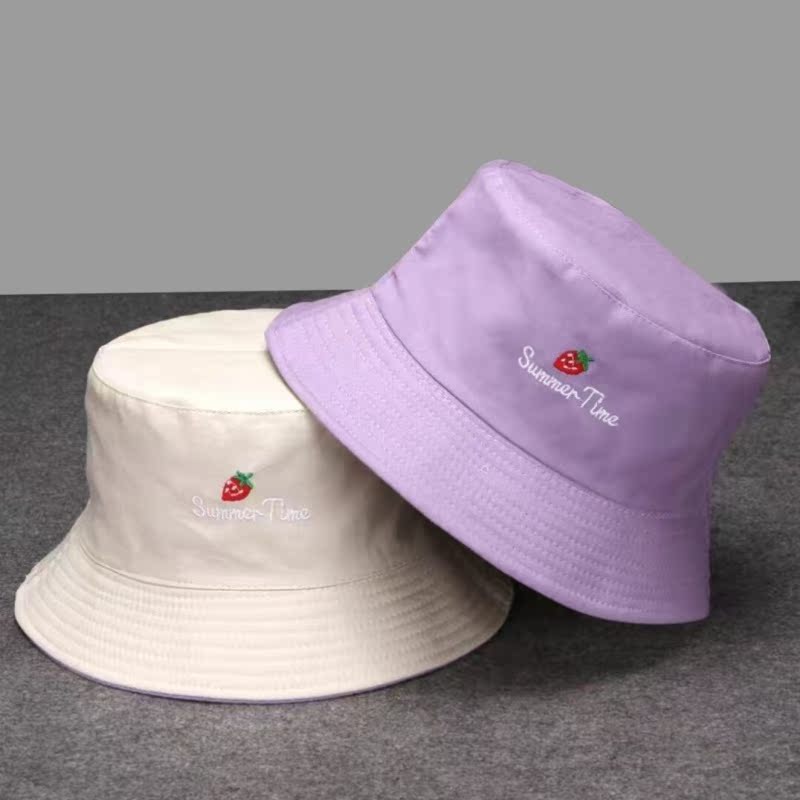 Double Sided Wear (Strawberry Beige Purple) - G44Double sided wear Hat female Women's hat two-sided Embroidery Versatile Basin cap Fisherman hat men and women lovely student Korean version