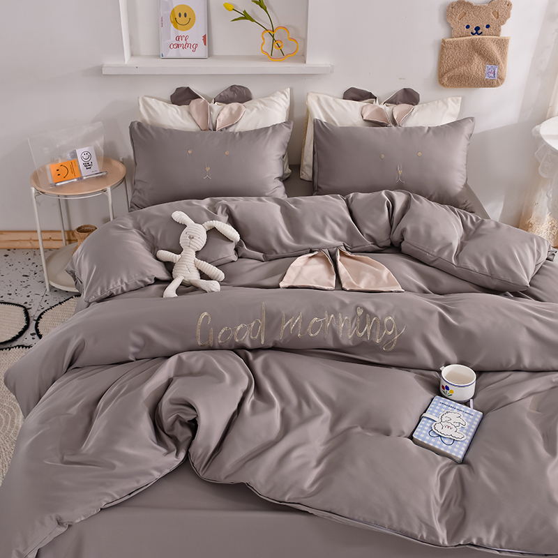 Style 11real silk Ice smooth Solid color Two color Rabbit ears summer quilt Sleep naked Princess style Sheet and fitted sheet piece cover pillow case Four piece suit