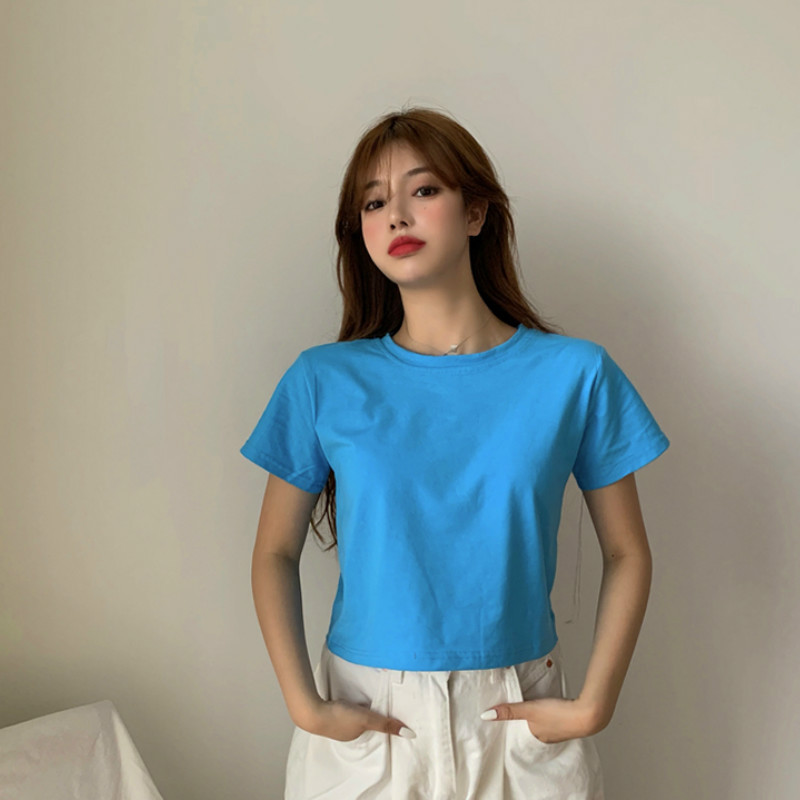 Bluesummer Korean version have cash less than that is registered in the accounts Exposed navel Self cultivation T-shirt 2021 new pattern Women's wear easy Short sleeve Solid color Simplicity Built in jacket