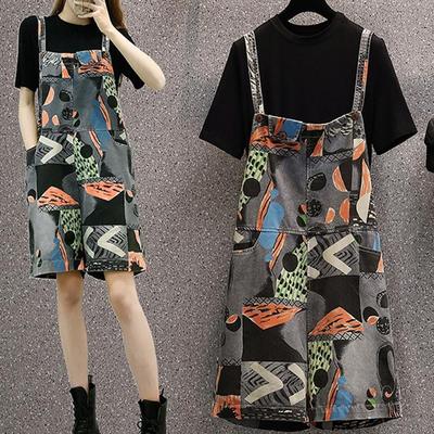 单/套装大码女装夏装2021年新款遮肚子显瘦T恤背带裤时髦两件套装