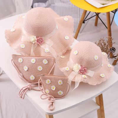 儿童遮阳帽女童夏新款草帽包包套装防晒帽夏天公主宝宝沙滩凉帽潮
