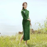 Зеленое ципао, легкий элитный ретро лонгслив, 2023, премиум класс, светлый стиль, китайский стиль, осеннее, яркий броский стиль