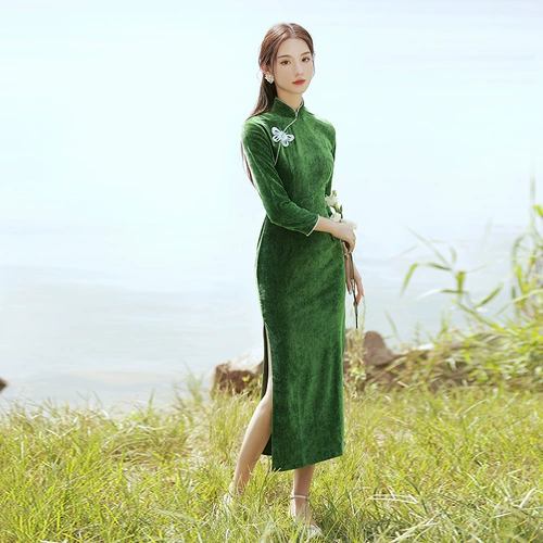 Зеленое ципао, легкий элитный ретро лонгслив, 2023, премиум класс, светлый стиль, китайский стиль, осеннее, яркий броский стиль