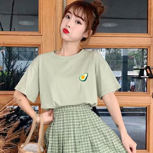 Green Topsummer new pattern easy Versatile student Short sleeve T-shirt female High waist Half body Pleated skirt Two piece set Casual skirt suit