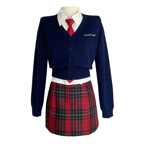 Студенческая юбка в складку, комплект, демисезонный лонгслив, оригинальный жилет, подходит для подростков, с акцентом на бедрах