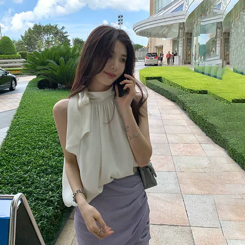 Майка топ без рукавов, шифоновая небольшая дизайнерская рубашка, коллекция 2022, изысканный стиль, французский стиль