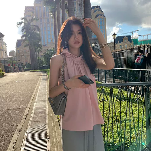 Майка топ без рукавов, шифоновая небольшая дизайнерская рубашка, коллекция 2022, изысканный стиль, французский стиль