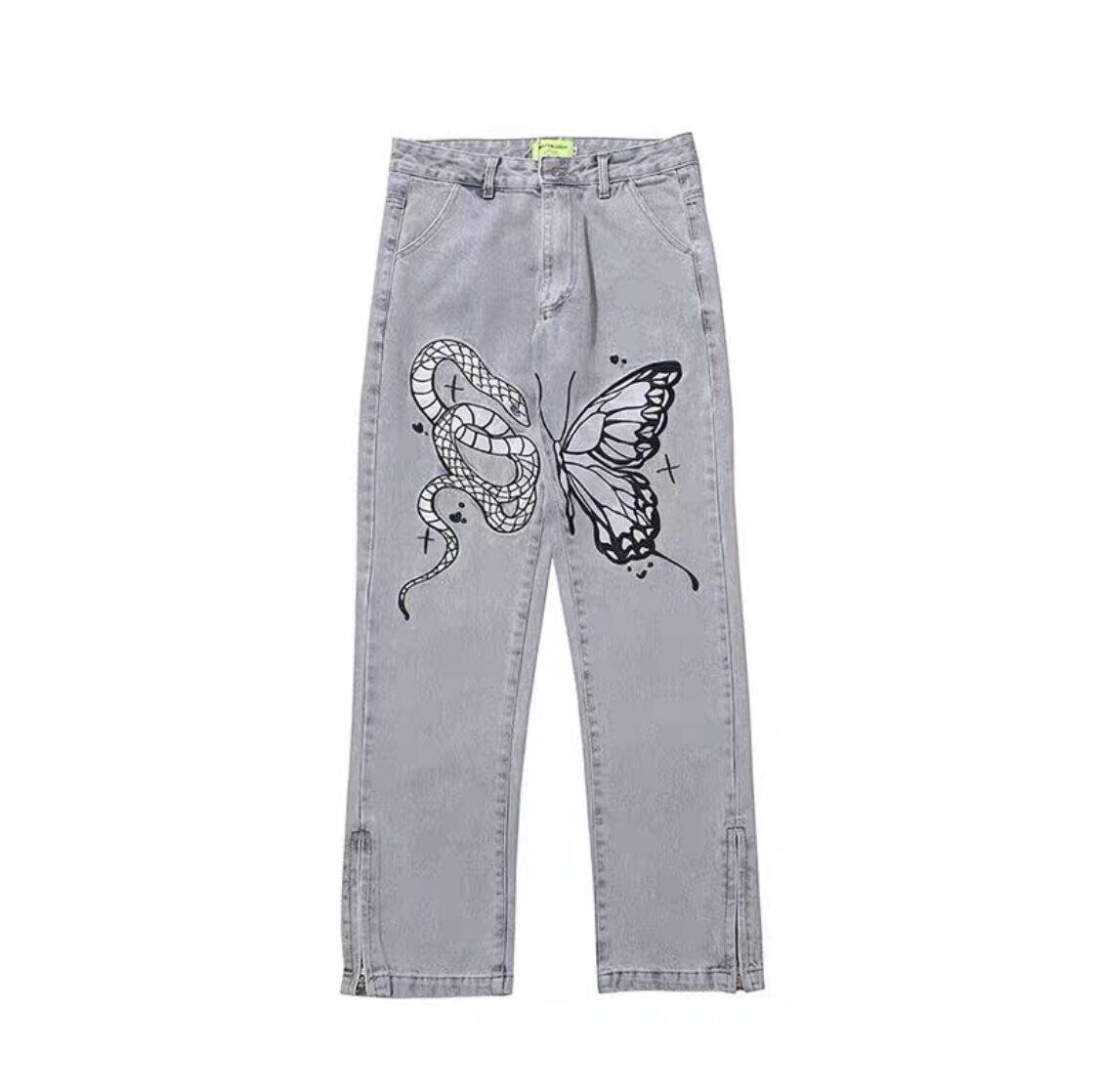 American high street hiphop retro embroidered jeans for men, loose and versatile zipper micro flared casual couple trousers Item Picture