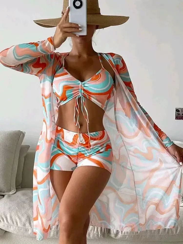 Tropical Allover Print Bikini 3pack Drawstring Ruched ver Up