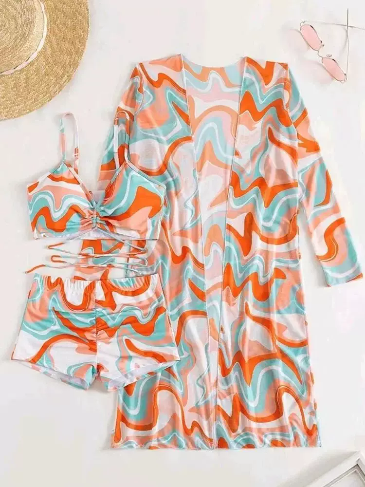 Tropical Allover Print Bikini 3pack Drawstring Ruched ver Up