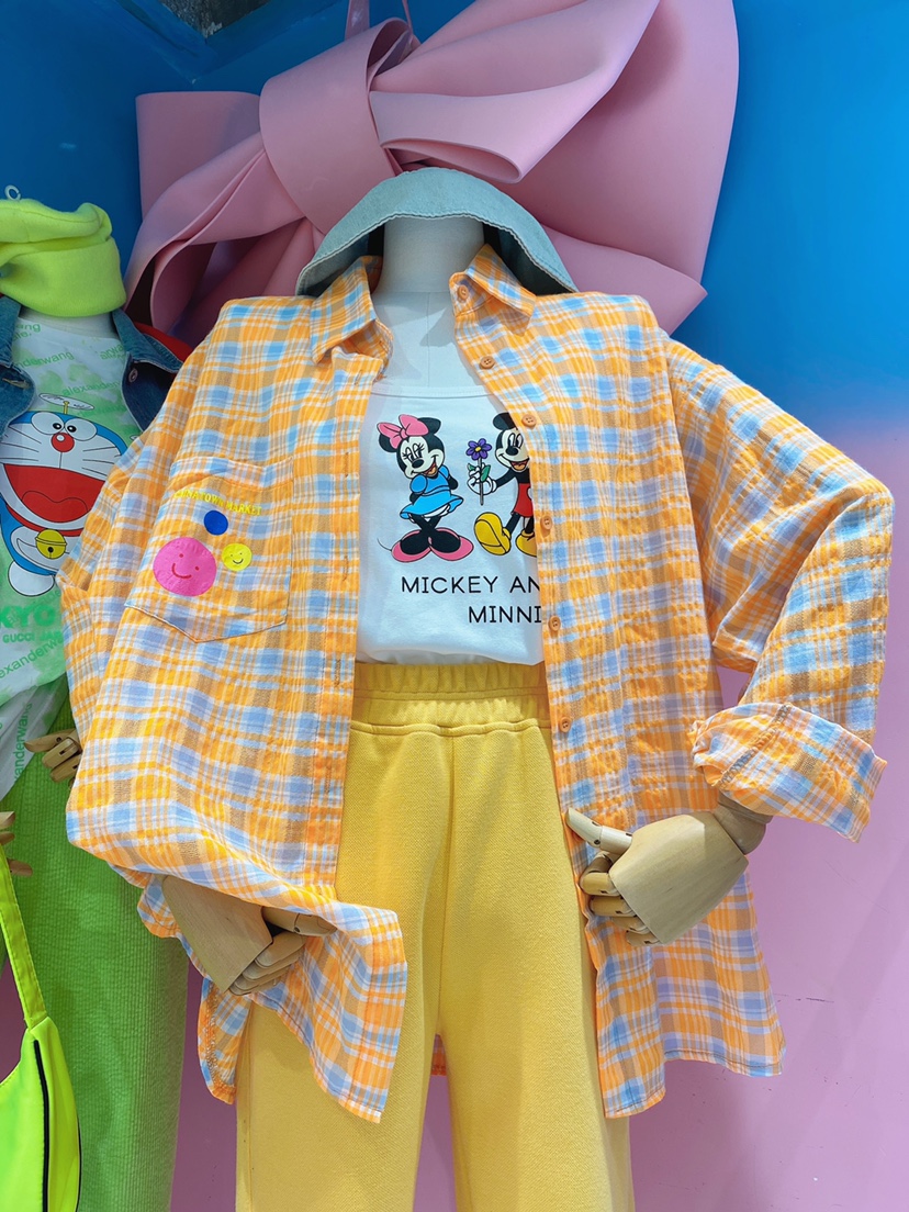 Orangesmiling face shirt female 2021 early spring new pattern the republic of korea Dongdaemun Girlish Cartoon lattice Long sleeve jacket Sunscreen shirt