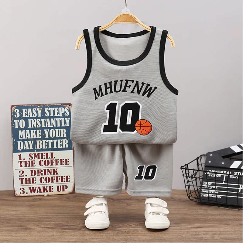Grey 10baby motion Vest suit summer Thin Basketball clothes Boy girl Sleeveless Quick drying Two piece set children summer wear