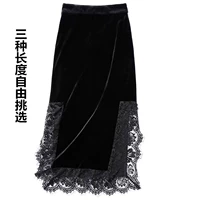 Демисезонная кружевная длинная бархатная черная цветная юбка, большой размер, средней длины, с акцентом на бедрах, французский стиль, высокая талия