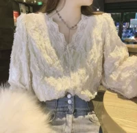 Осенняя милая бархатная рубашка, коллекция 2021, в корейском стиле, V-образный вырез