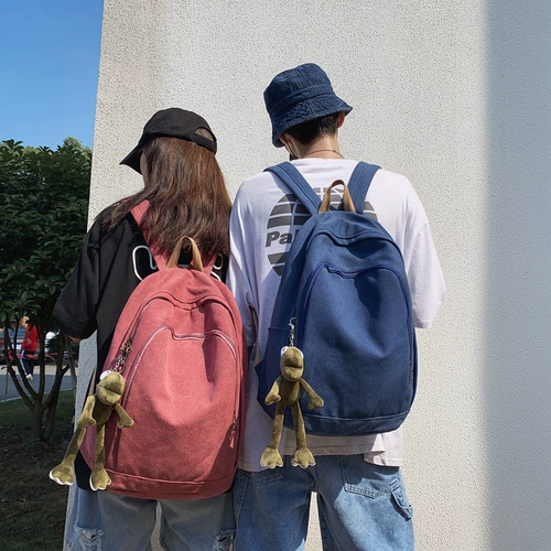 日系纯色帆布书包复古简约男女大学生旅行大容量16寸电脑双肩包