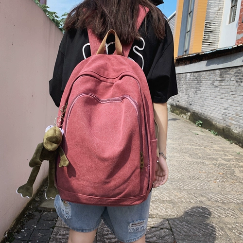 日系纯色帆布书包复古简约男女大学生旅行大容量16寸电脑双肩包