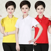 Phụ nữ trung niên của mùa hè T-Shirt mẹ ngắn tay cotton POLO áo ve áo thể thao trung niên của phụ nữ kích thước lớn áo sơ mi