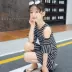 Trẻ em ăn mặc mùa hè 2018 mới của Hàn Quốc thời trang trẻ em ngắn tay phần dài bông màu đen và trắng sọc váy
