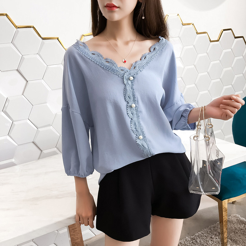 Đèn lồng tay áo voan áo sơ mi nữ mùa hè mới chất béo mm cộng với phân bón XL lỏng ren màu rắn ngắn tay áo 200 kg áo sơ mi