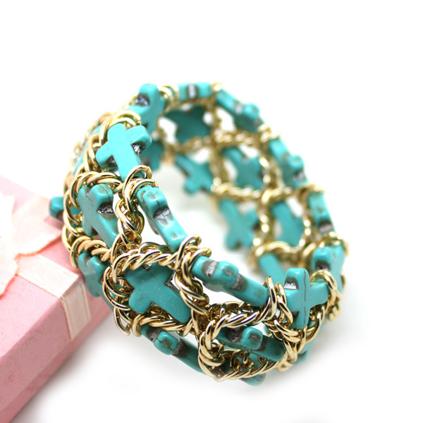 欧美外贸出口复古首饰品 松石十字架 手工编织多层香巴拉手链批发