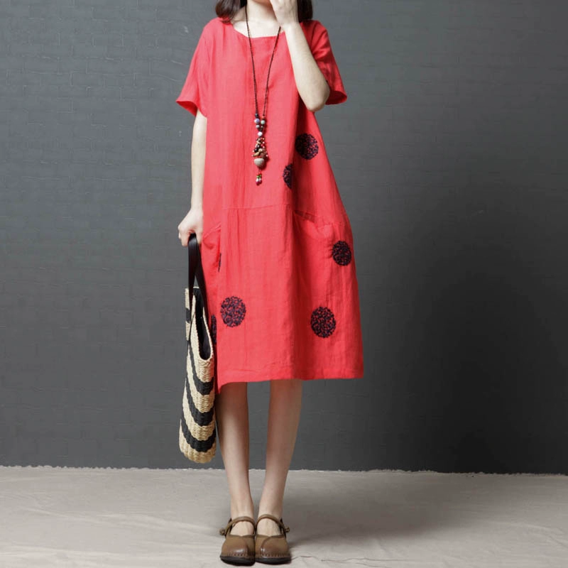 Mùa hè 2021 phiên bản Hàn Quốc mới của phụ nữ cỡ lớn váy midi vải lanh chấm bi ngắn tay và váy cotton và lanh mỏng - Váy dài