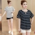 Phụ nữ mang thai áo mùa hè Hàn Quốc phiên bản của lỏng kích thước lớn từ bi thời trang vòng cổ ngắn tay bông sọc t-shirt triều ngắn mẹ