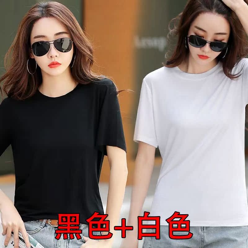 I49 - Black + White Oversized Crew Neck2021 summer wear pure cotton jacket white Short sleeve T-shirt ma'am Slubby cotton easy Korean version new pattern Foreign style Women's wear tide
